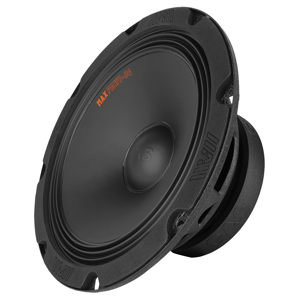 En 8 tums bas/midbas högtalare med svart front och gummiupphängning.