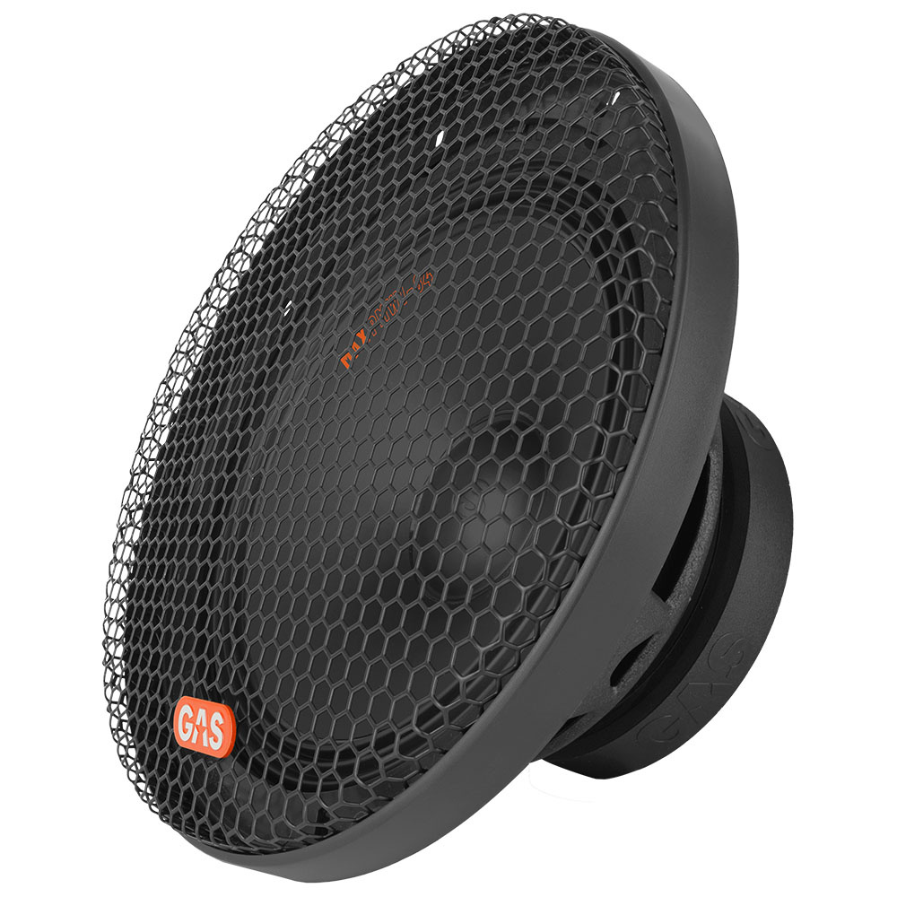 En svart ljudhögtalare med galler och GAS-logotyp.