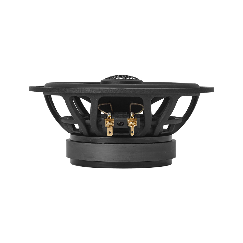 En koaxialhögtalare med svart chassi och kontakter för anslutning.