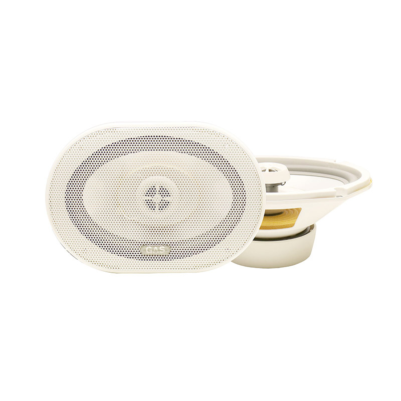 Marinhögtalare i vitt, oval design med grillyta för ljudutsläpp.