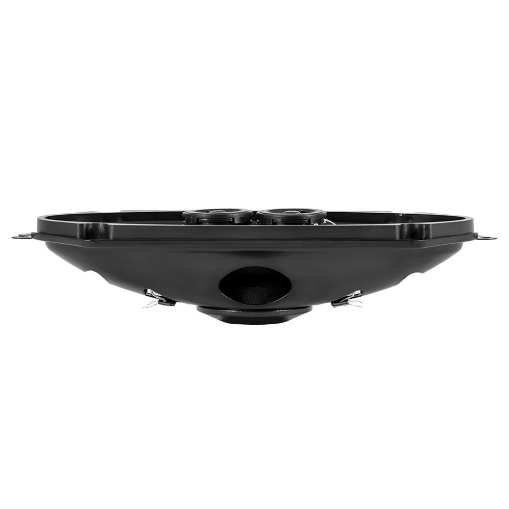 Högtalare med rund form och dubbel membran för stereoljud.