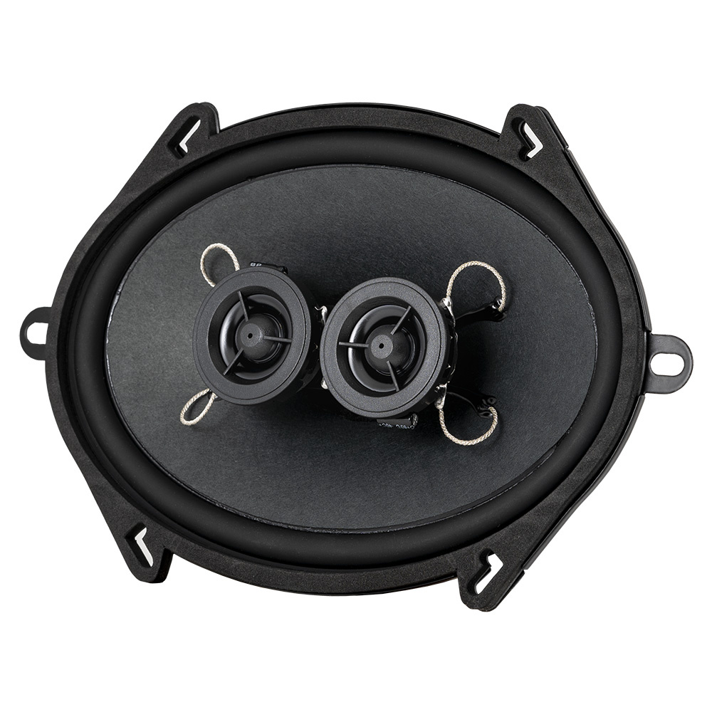 En oval högtalare med två små element och svart ram.