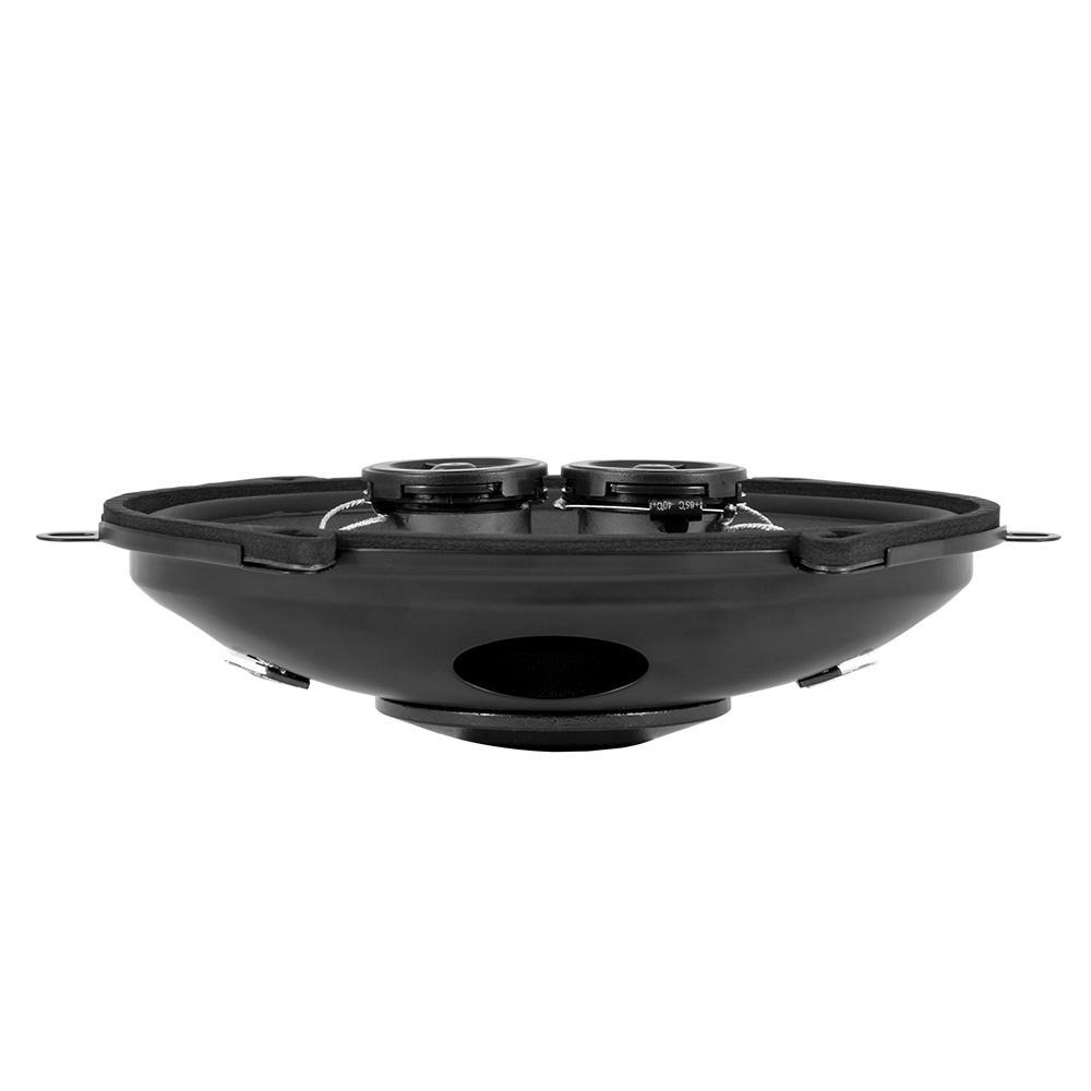 En svart högtalare med dubbla diskantelement och rund basdel.