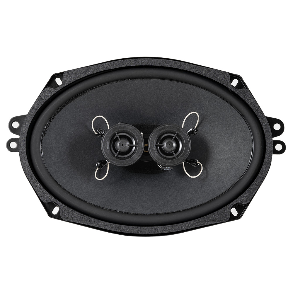 En oval högtalare med två element och svart ram.