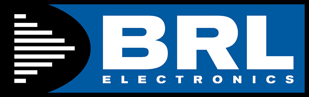 BRL Electronics-logotyp i blått och vitt med grafiska element.