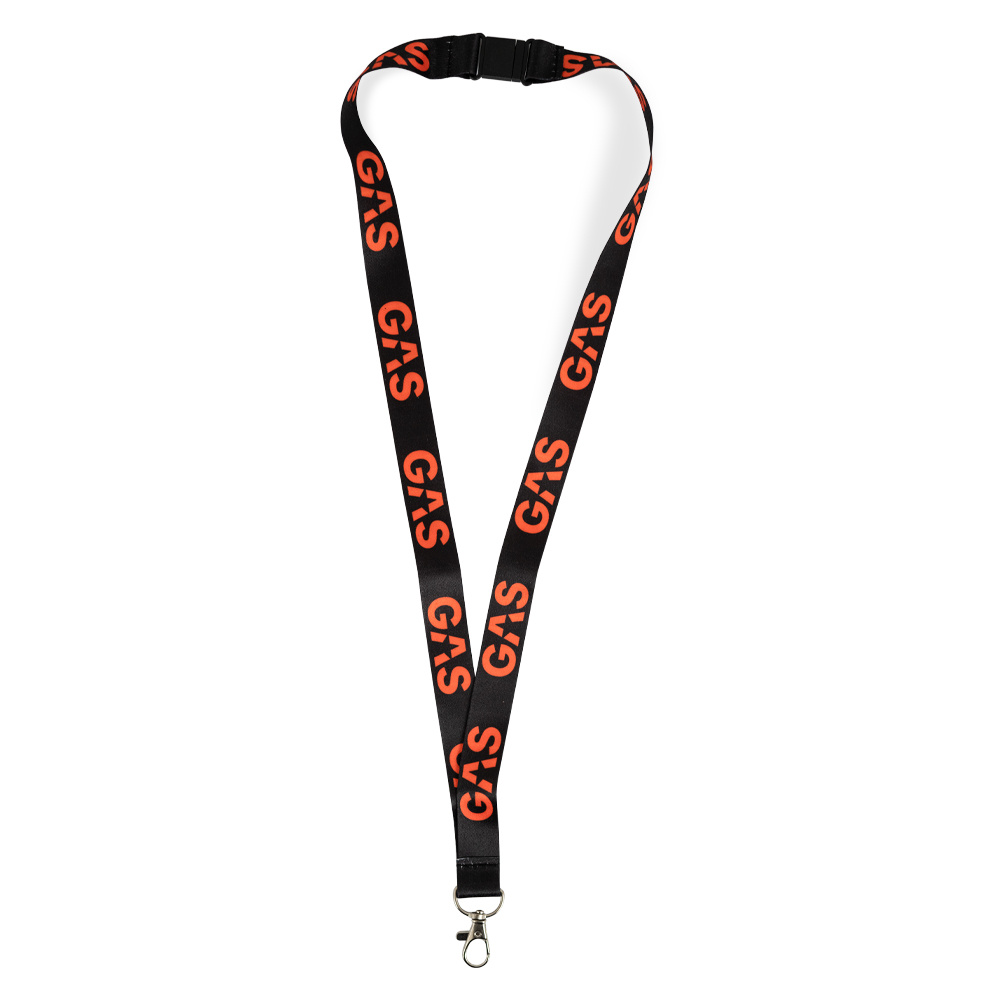 Ett svart nyckelband med orange text \