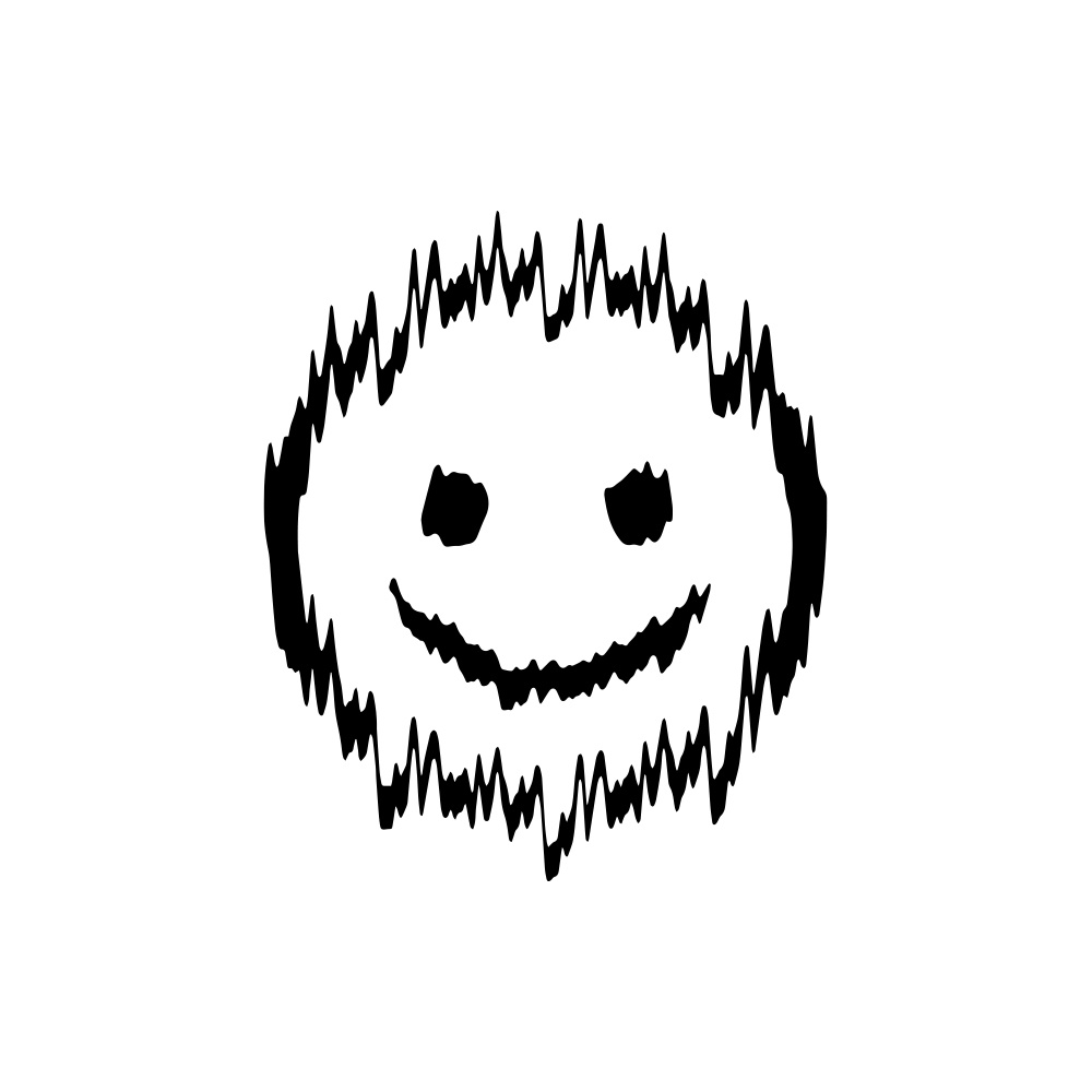 En svart, skakig smiley med ett brett leende och ogenomträngliga ögon.