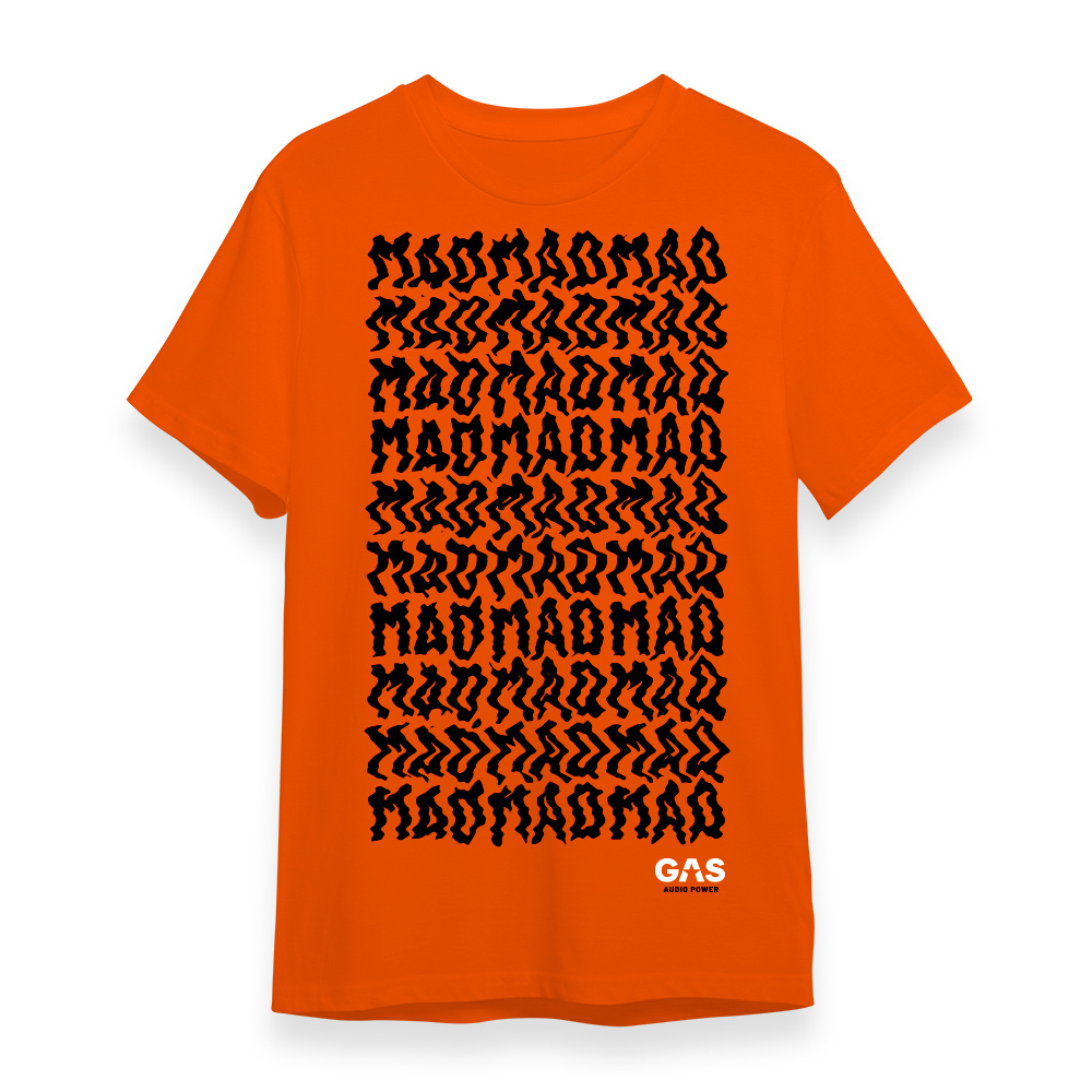 Orange t-shirt med svart text som upprepas, med ordet \