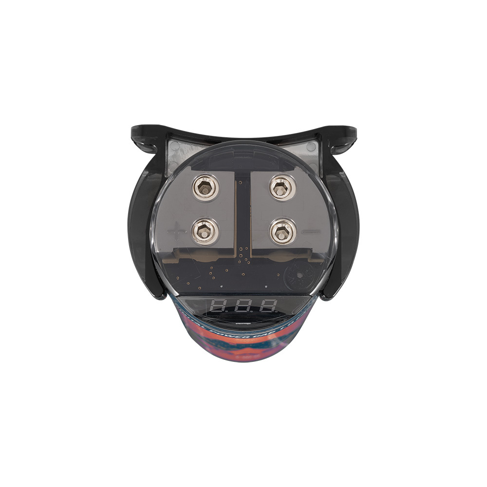 En cylindrisk strömkondensator med anslutningar och digital display.