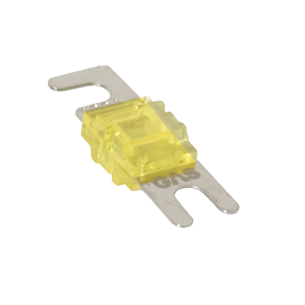 Två gula mini-säkringar med metallfat. 100A kapacitet.