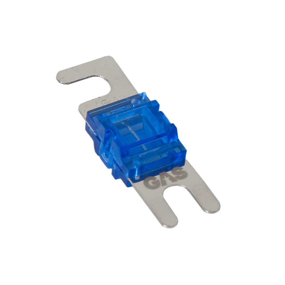 Två mini-säkringar 15A med blå plastkapsling för gasanläggningar.