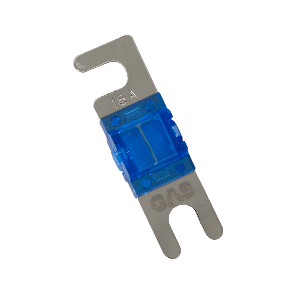 Mini-ANL-säkring 15A i blått, med metallfäste och GAS-logotyp.