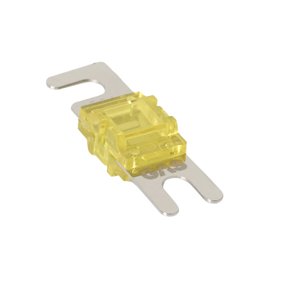 Två gula mini-säkringar med metallklämmor för elektrisk användning.
