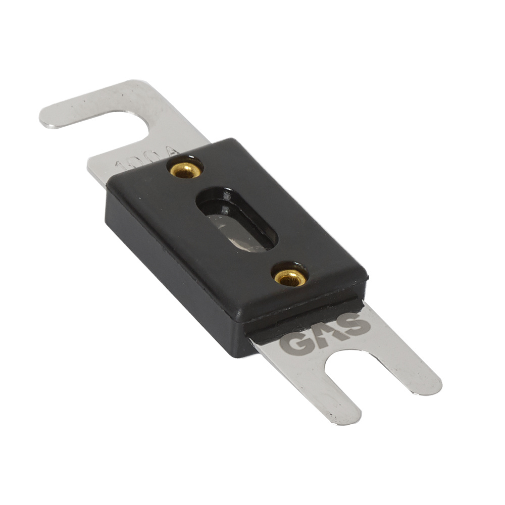 Säkring 100A med metallterminaler och plastkåpa.