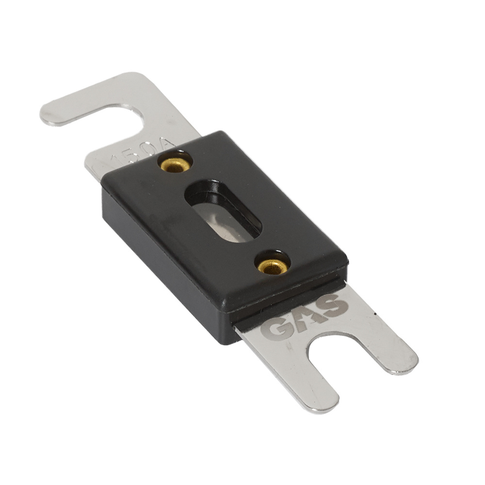 En 150A säkring med metallkontakter, svart plastkropp.