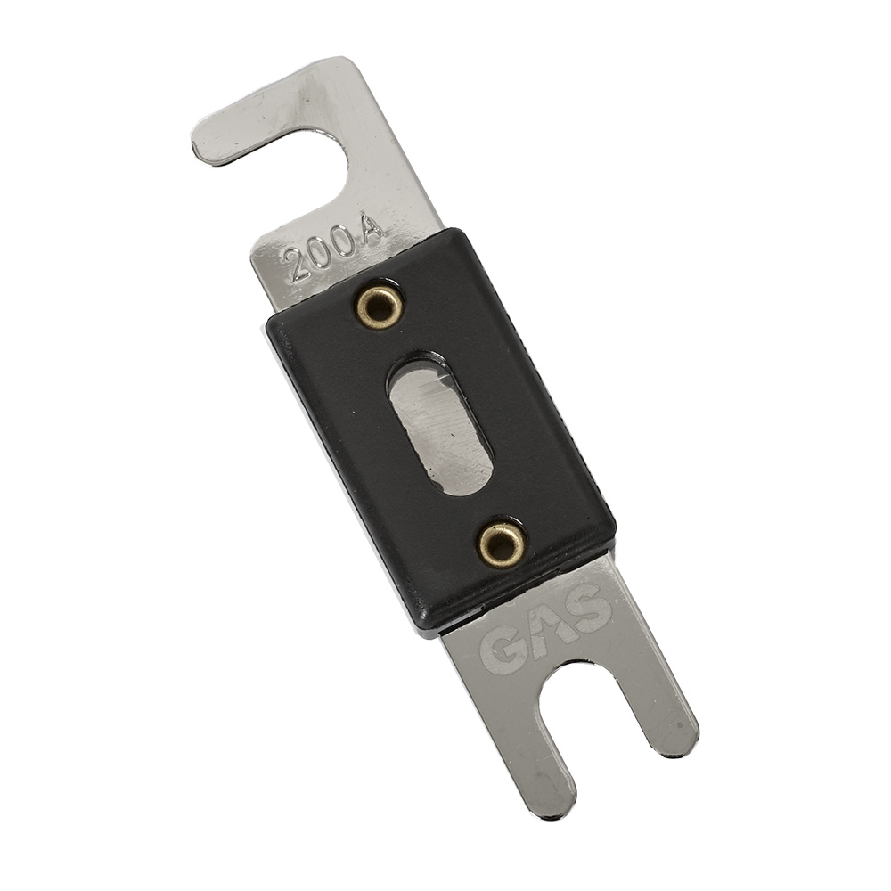 Säkring för gasanläggningar, 200A, med metalldelar och svart plastdel.