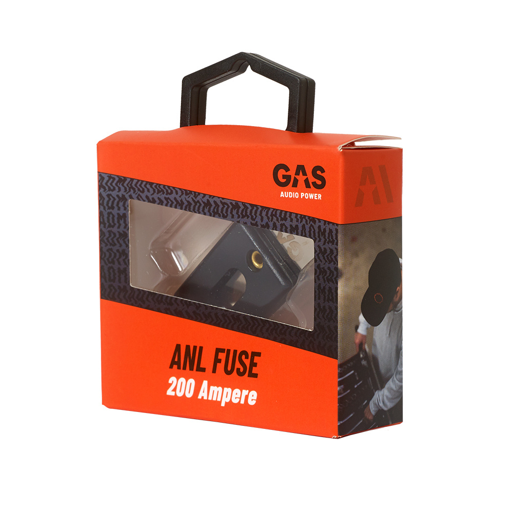 Förpackning med GAS ANL-säkring, 200A, transparent fönster och bärhandtag.