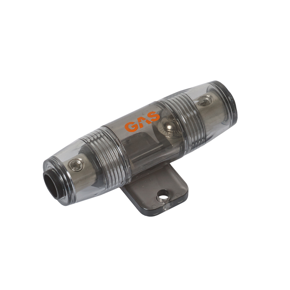 En genomskinlig säkringshållare för kablar, med GAS-logotyp.