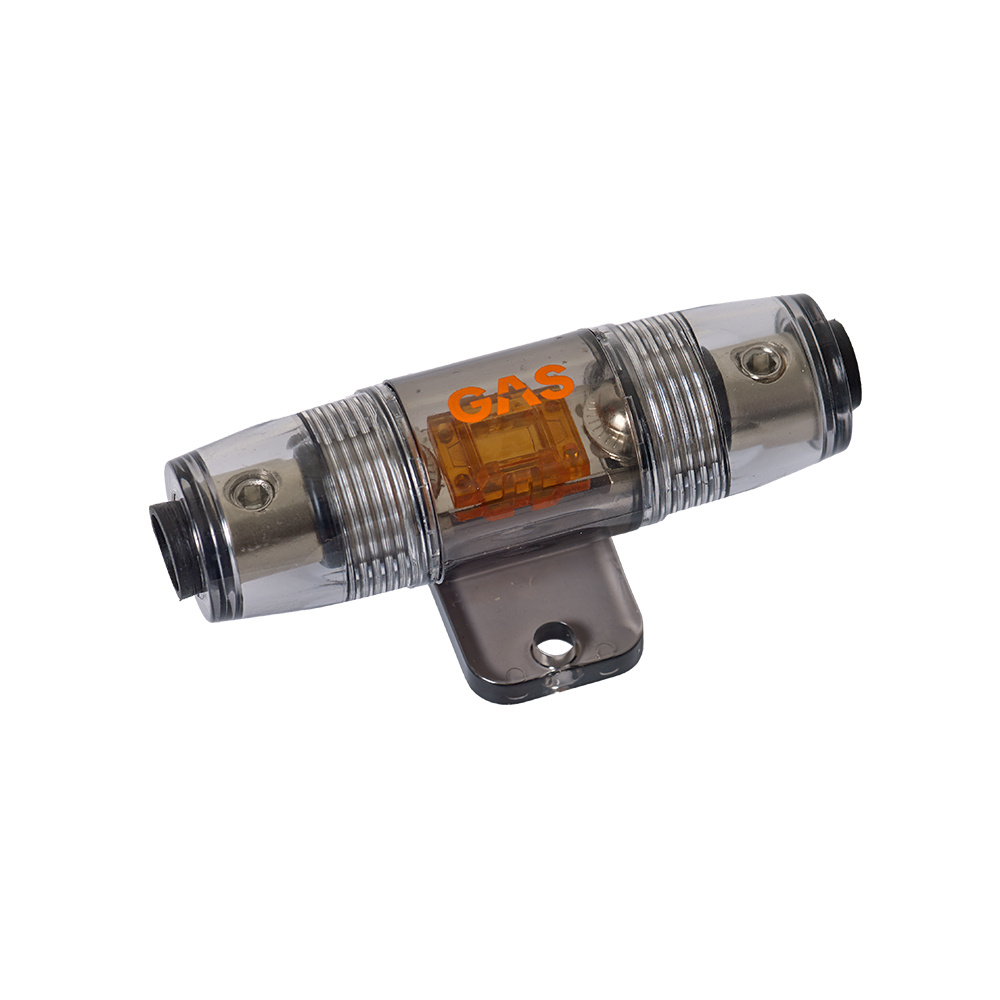 Säkringshållare för gas med genomskinlig kropp och orange märkning.