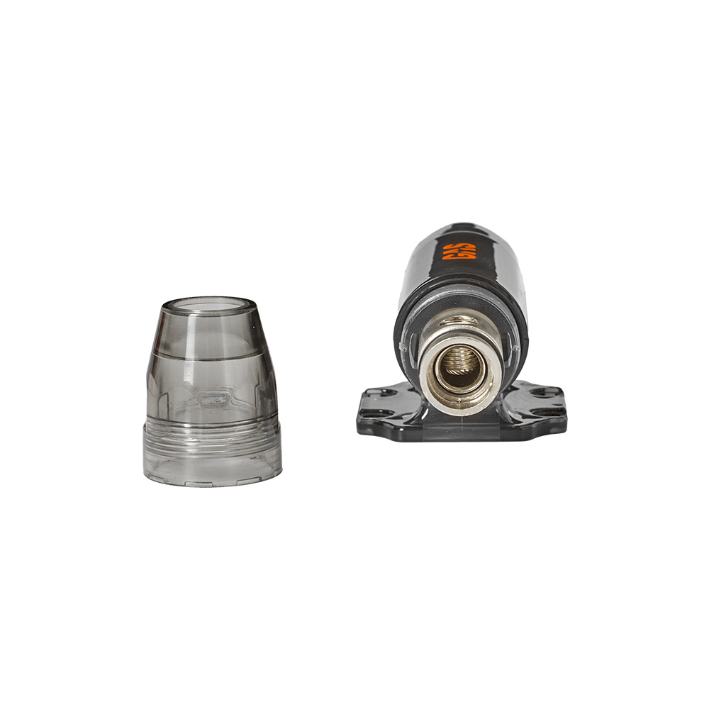 En säkringshållare för gas, med lock och monteringsdel.