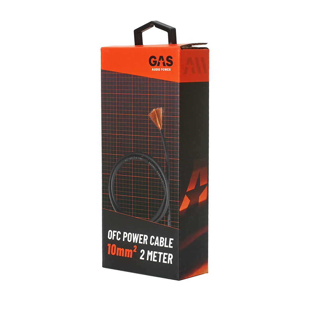 Förpackning av GAS MAX svart 10mm² OFC-strömkabel, 2 meter.