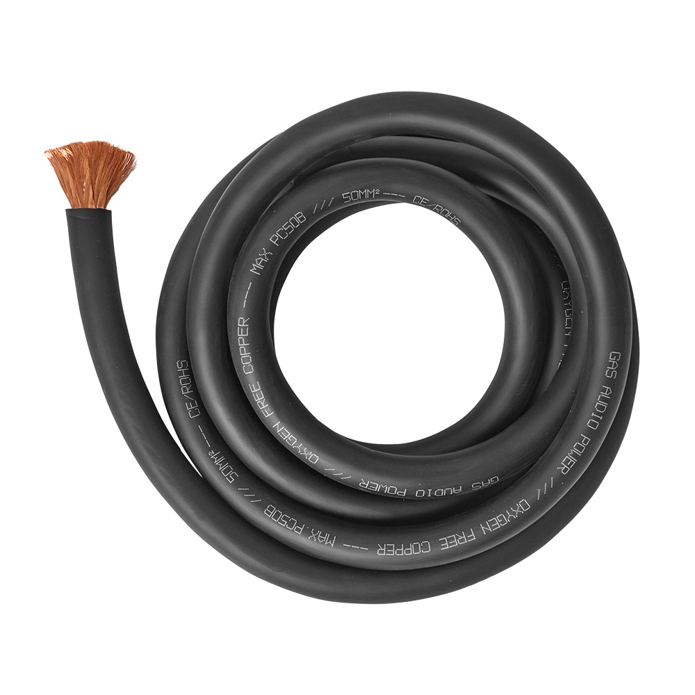 Svart 50mm² OFC-strömkabel, 2 meter, med flätad koppartråd i ena änden.