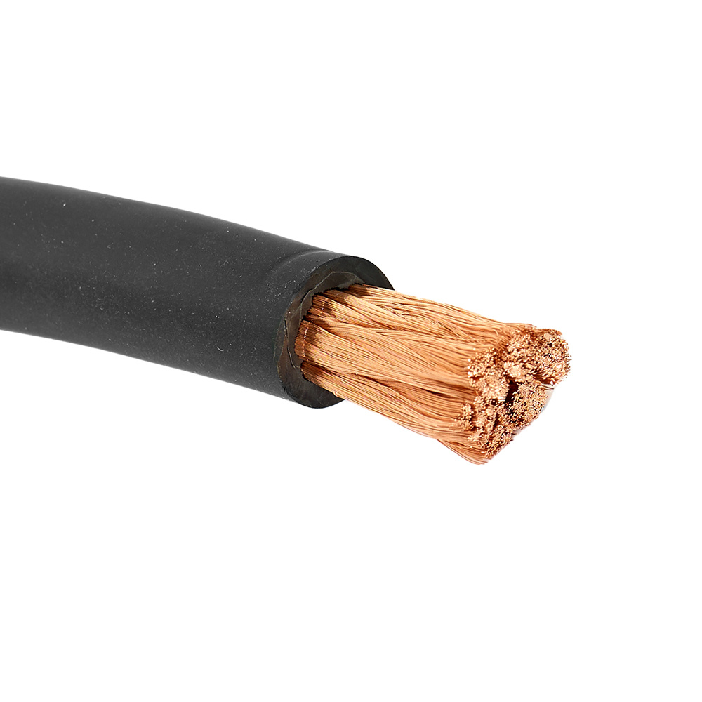 Svart OFC-strömkabel, 50mm², 2 meter, med exponerad kopparledare.