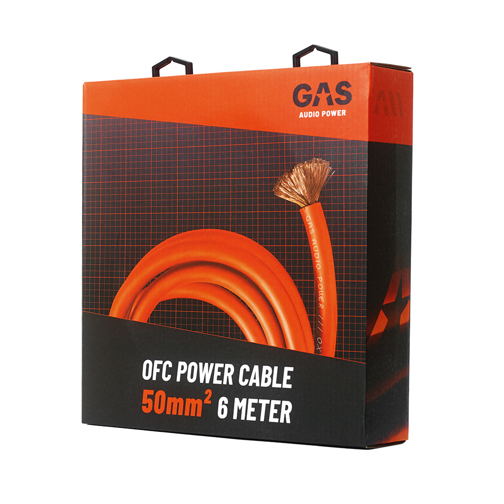 Förpackning av GAS MAX orange 50mm² OFC-strömkabel, 6 meter.
