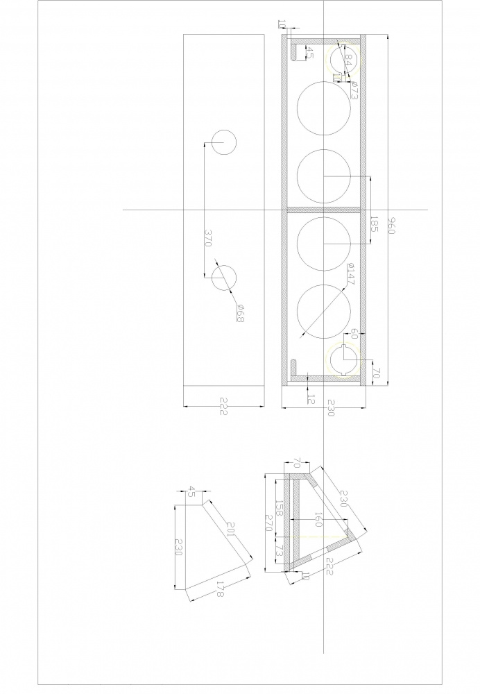 Schematisk ritning av SPL-låda för 4x6.5 tum högtalare med mått och hål.