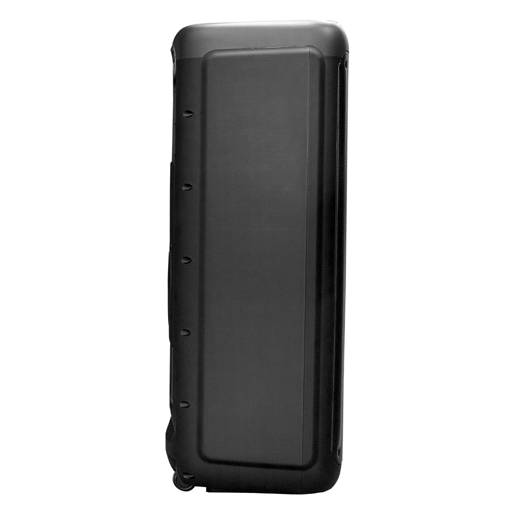 Trendig, svart partyhögtalare med hjul och handtag för enkel transport.