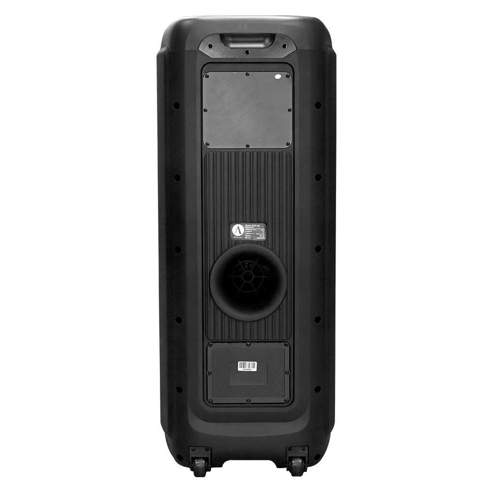 Tung partyhögtalare med bakre port, hjul och handtag för enkel transport.