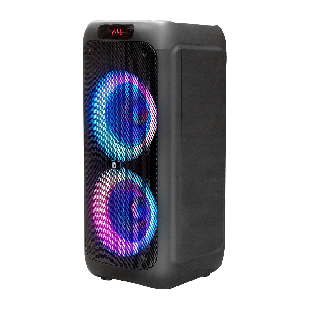 Partyhögtalare med färgglad belysning, trådlös mikrofon och Bluetooth-funktion.