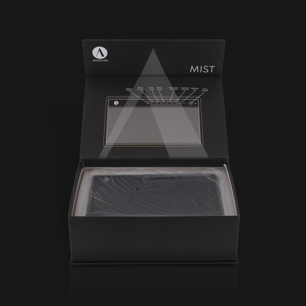 Bärbar Bluetooth-högtalare Arcsound Mist i svart, i en elegant förpackning.