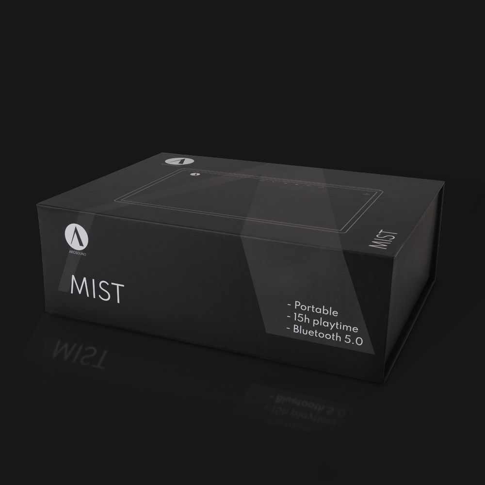 En svart förpackning för Arcsound Mist, en bärbar Bluetooth-högtalare.