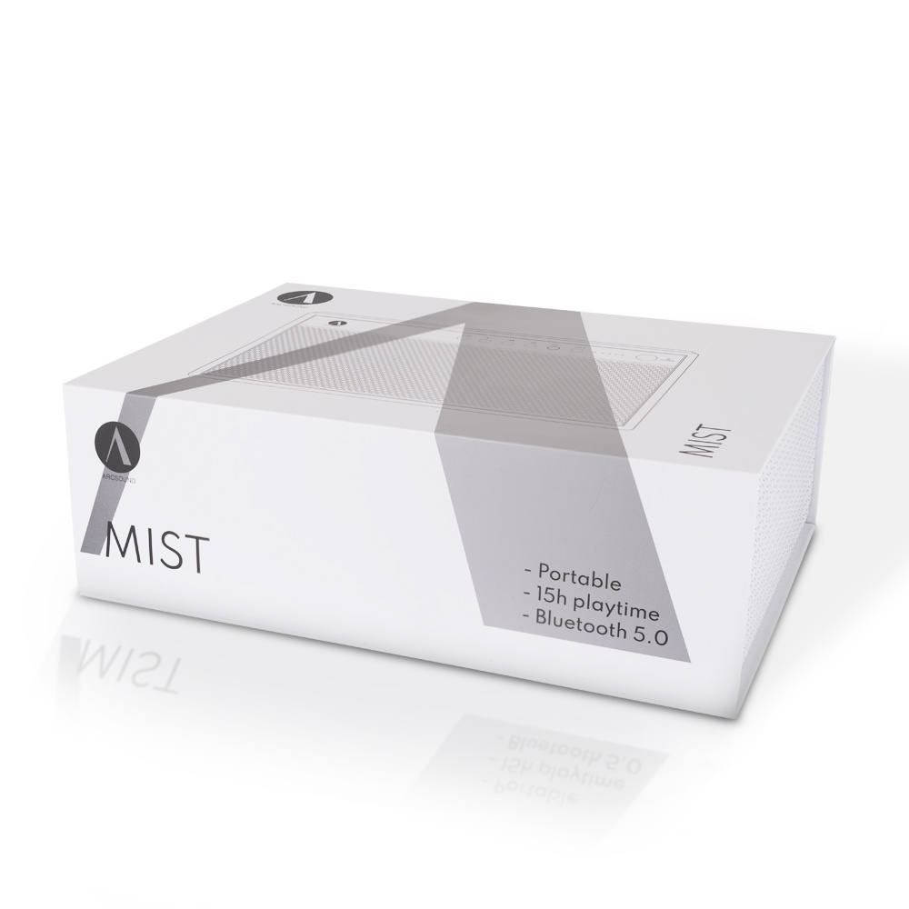 Vit förpackning med text om bärbar Bluetooth-högtalare Arcsound Mist.