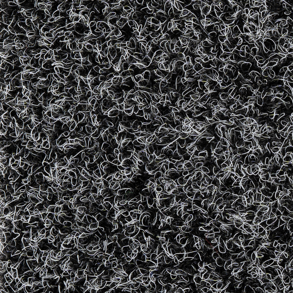 Svart konstgräsmatta med ljusa inslag, mjuk och tät struktur.