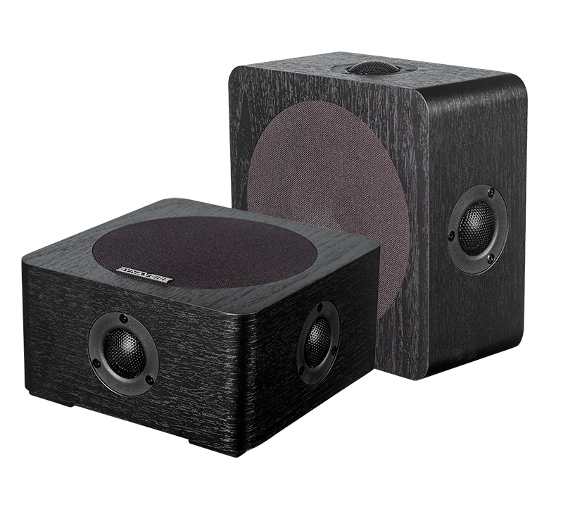 Svart askhögtalare för surroundljud, modern design, två stycken i paket.