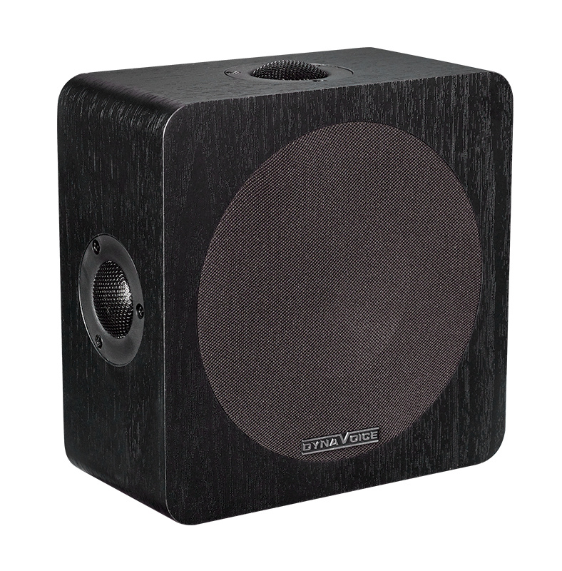 Surroundhögtalare med en rektangulär design i svart ask.