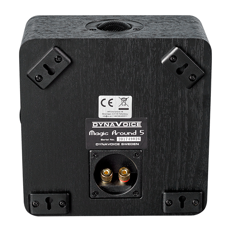 Svart surroundhögtalare med anslutningar och monteringspunkter.