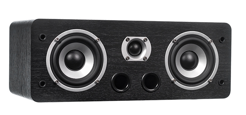 Centerhögtalare med två högtalarelement och en diskant i svart ask.