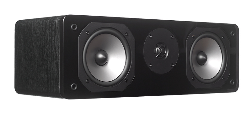 Centerhögtalare med två stora diskantelement och en midbass, svart finish.