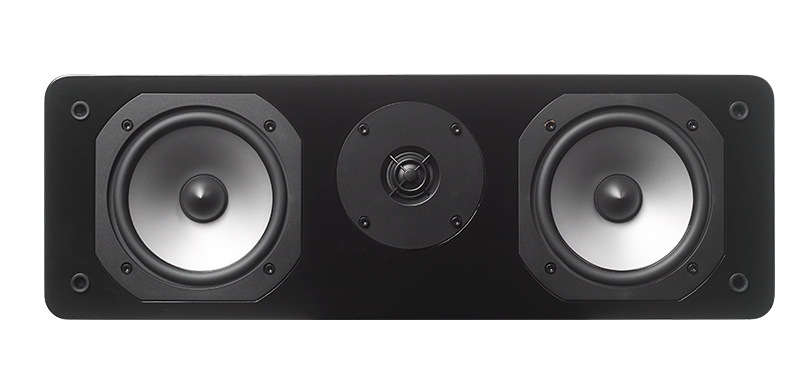 Centerhögtalare med två basar och en diskant i svart design.