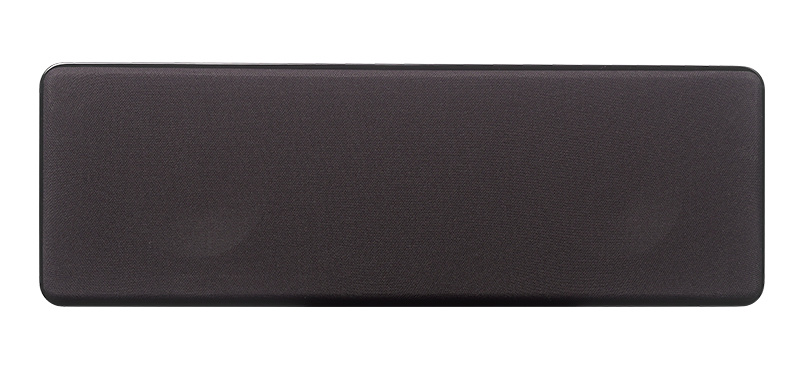 Svart centerhögtalare med en slät frontdesign, enkel och elegant.