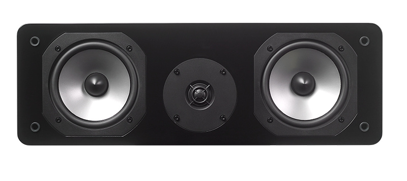 Centerhögtalare med två basar och en diskanthögtalare i elegant design.