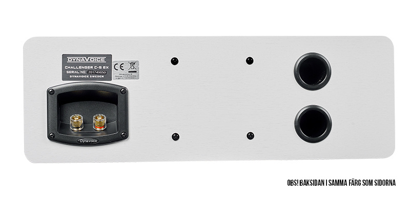 Centerhögtalare med två basreflexer och anslutningsterminaler.