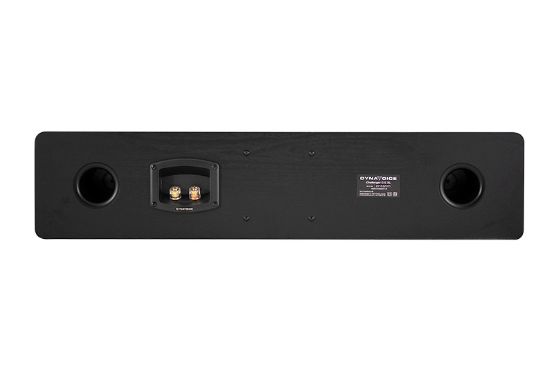 Centerhögtalare med svart finish och två basportar.