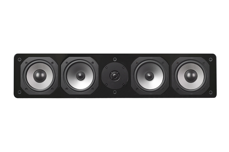 Centerhögtalare med fyra enheter och en elegant design i ek.