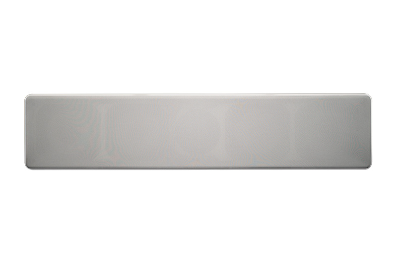 Vit centerhögtalare med slät yta, designad för ljudsystem.