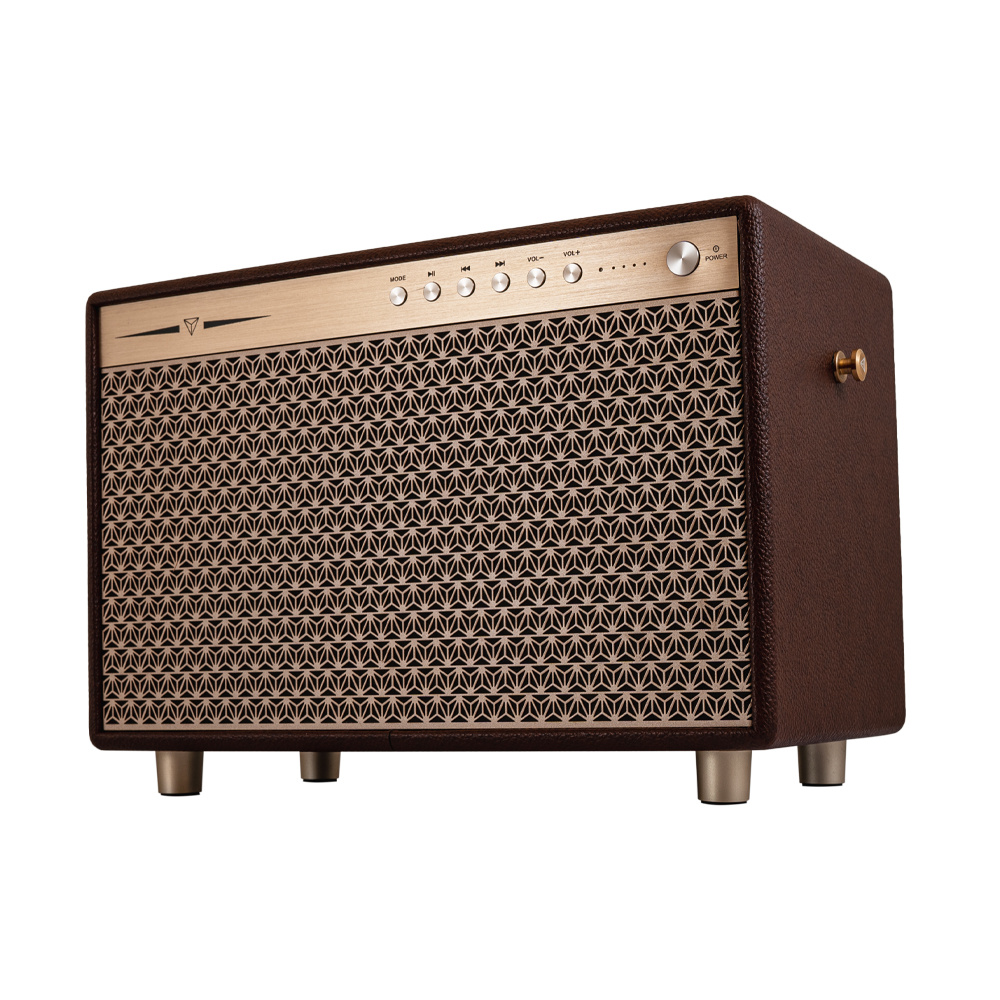 Bluetooth-högtalare med retrodesign i brunt läder och guldiga detaljer.