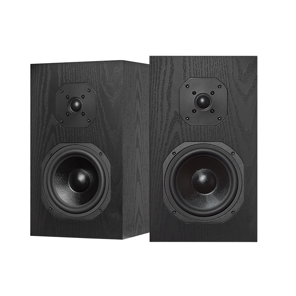 Svarta stativhögtalare med två högtalarelement.